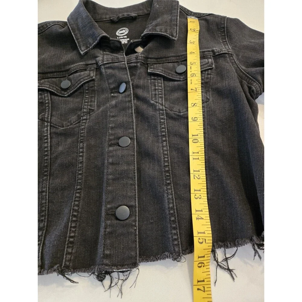 Wonder Nation L 10-12 Cropped Denim Jacket Kids Girls Black Frayed Patch Trucker